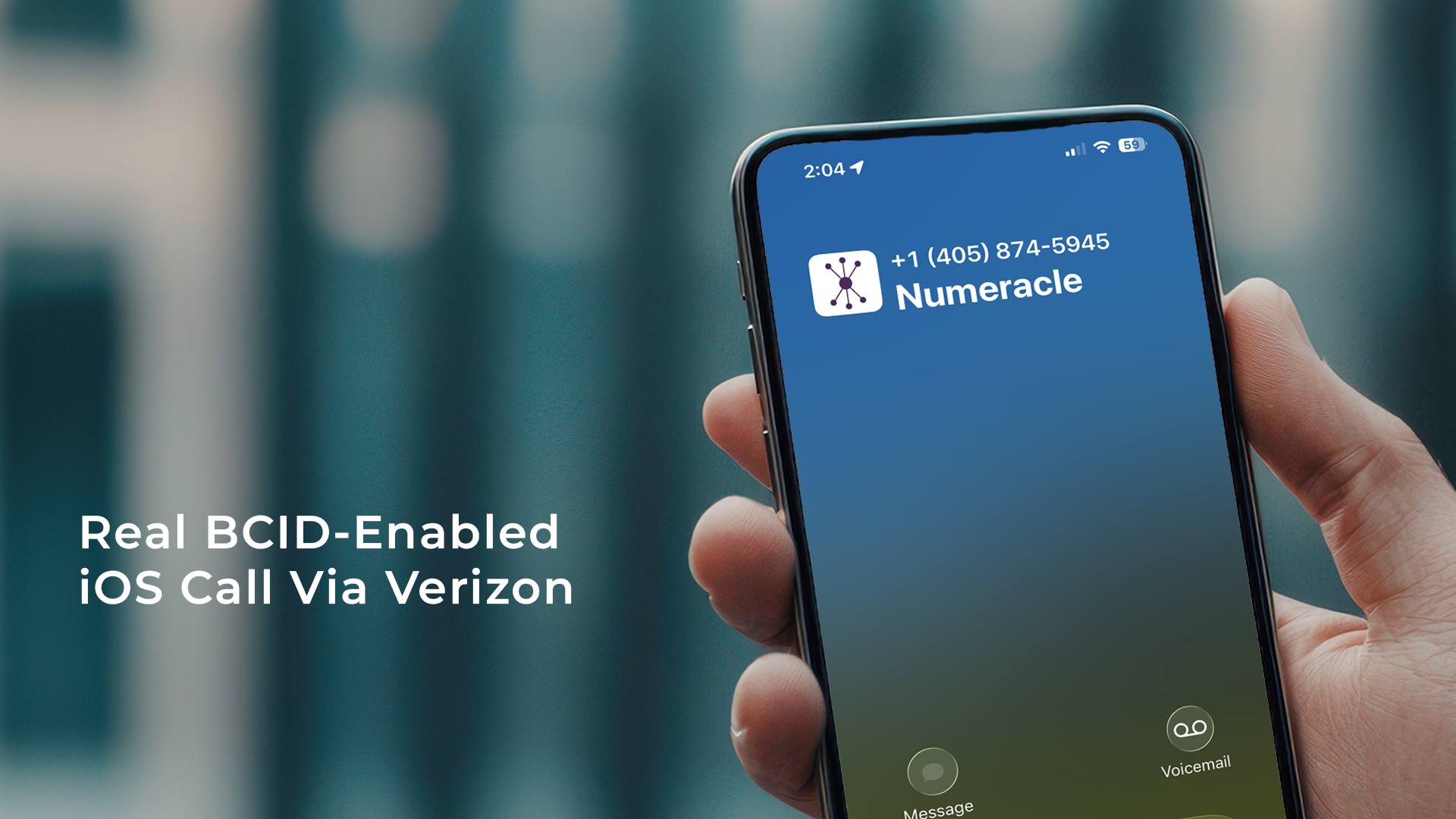 Real screenshot of a BCID-enabled iOS 26 phone call with logo, delivered via Numeracle's sVIP solution to Verizon network on an Apple device